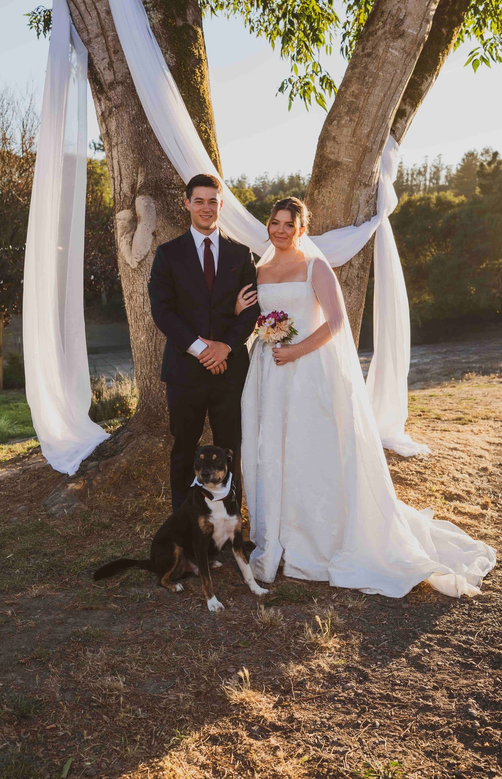 Damien and Claire beneath the draped ceremony tree at golden hour, their dog seated proudly at their feet
